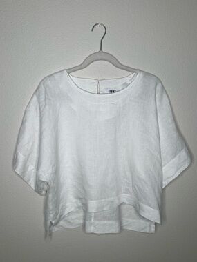 DKNY White Linen Boxy Short-Sleeve Top